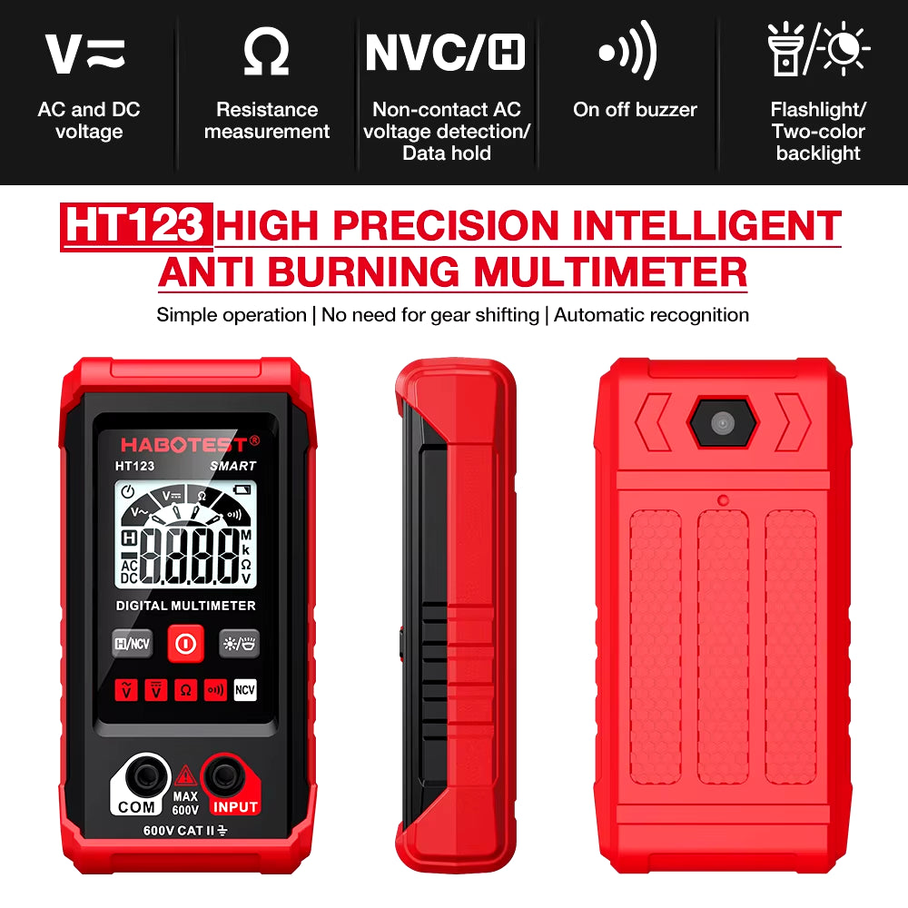 HT123 Smart Digital Multimeter AC/DC Voltage Resistance Continuity Measurement Tester NCV Multimeter with Backlight